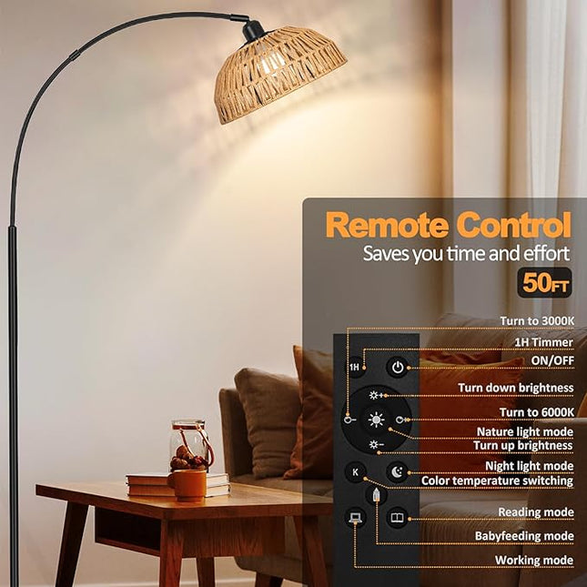 Rattan Floor Lamp- Modern Black Standing Floor Lamps with Remote Control and Stepless Dimmable Bulb, Hand-Worked Adjustable Rattan Lamp Shades Bohemian Floor Lamps for Living Room, Bedroom, Office - LeafyLoom