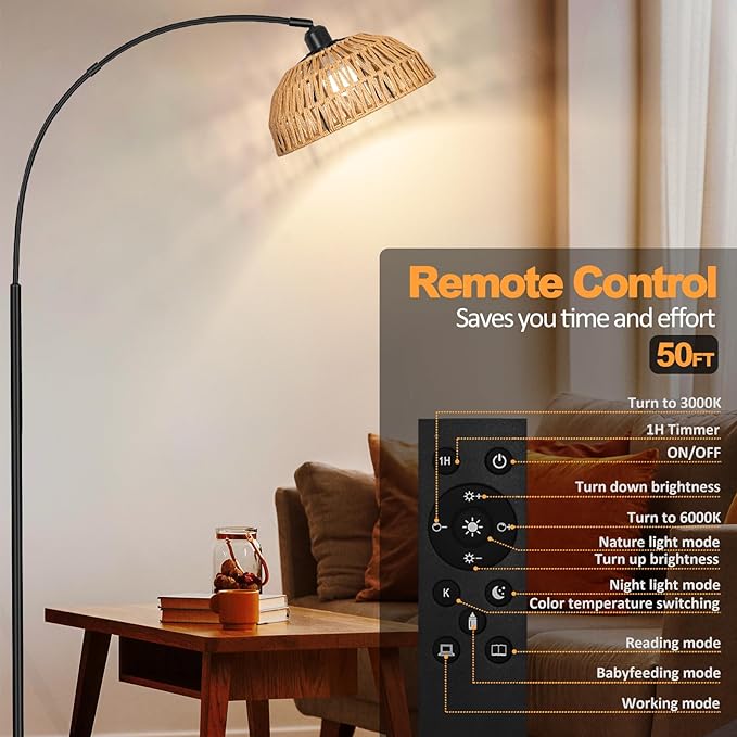 Rattan Floor Lamp- Modern Black Standing Floor Lamps with Remote Control and Stepless Dimmable Bulb, Hand-Worked Adjustable Rattan Lamp Shades Bohemian Floor Lamps for Living Room, Bedroom, Office - LeafyLoom