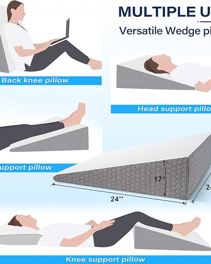 Bed Wedge Pillow RS21 + Free Aditional Quic Cover – for Acid Reflux Surgery Heartburn Gerd Reading Anti Snore - Triangle Support Pillow for Sleeping and Pain Relief - LeafyLoom
