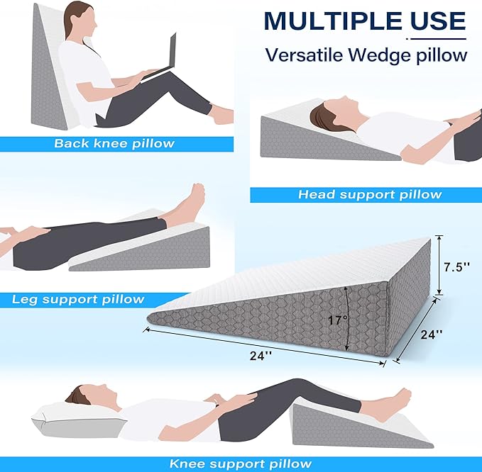 Bed Wedge Pillow RS21 + Free Aditional Quic Cover – for Acid Reflux Surgery Heartburn Gerd Reading Anti Snore - Triangle Support Pillow for Sleeping and Pain Relief - LeafyLoom