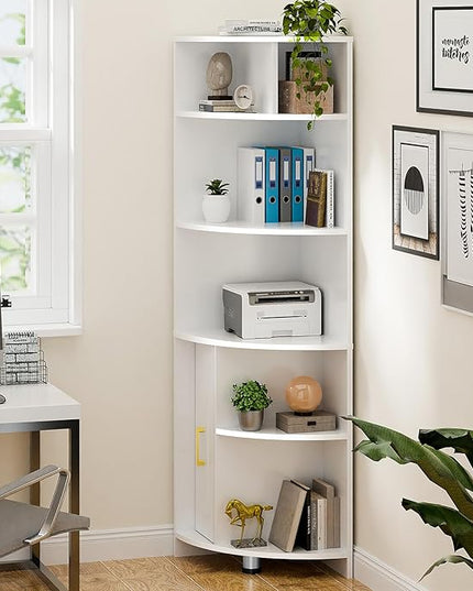 Corner Shelf 6-Tier Corner Bookcase with Drawer, Tall Corner Bookshelf Freestanding White Corner Cabinet Corner Shelves Stand for Wall Corner, Living Room, Home Office, Bedroom, Display Shelf - LeafyLoom