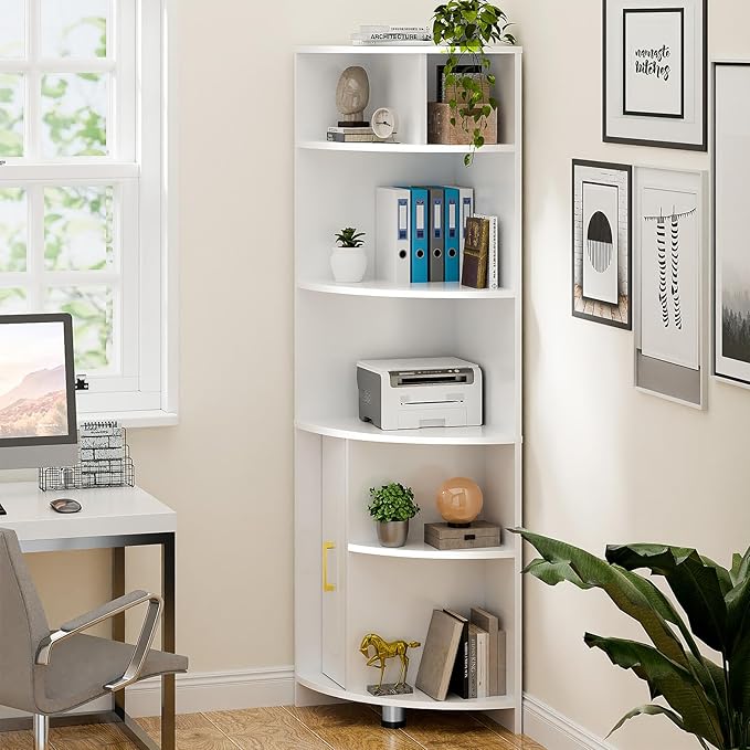 Corner Shelf 6-Tier Corner Bookcase with Drawer, Tall Corner Bookshelf Freestanding White Corner Cabinet Corner Shelves Stand for Wall Corner, Living Room, Home Office, Bedroom, Display Shelf - LeafyLoom