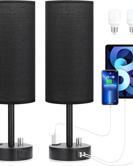 Innqoo Black Table Lamps for Boy Set of 2 - Fully Dimmable Bedroom Lamp with USB C Charging Port, Bedside Lamps with USB Ports and Outlets, Night Lamps for Reading, Nursery, Study with Black Base - LeafyLoom