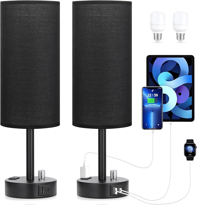 Innqoo Black Table Lamps for Boy Set of 2 - Fully Dimmable Bedroom Lamp with USB C Charging Port, Bedside Lamps with USB Ports and Outlets, Night Lamps for Reading, Nursery, Study with Black Base - LeafyLoom