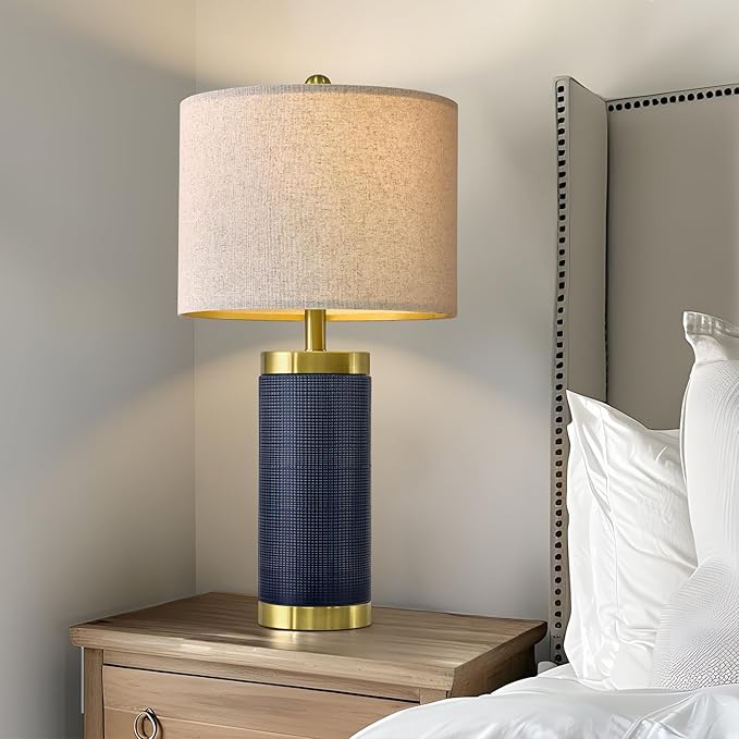 24.5" Modern Ceramic Blue Single Bedside Lamp for Bedroom Decor Farmhouse Table Lamp for Living Room Office Dorm - LeafyLoom