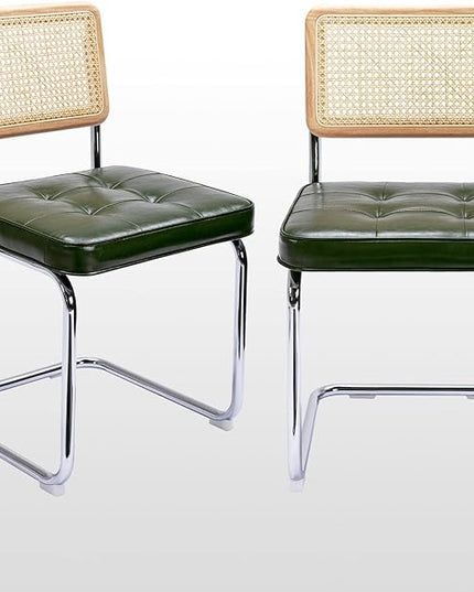 Zesthouse Mid-Century Modern Dining Chairs, Upholstered Tufted Faux Leather Accent Chairs Rattan Dining Chairs Set of 2, Armless Mesh Back Cane Chairs with Metal Chrome Legs, Green - LeafyLoom
