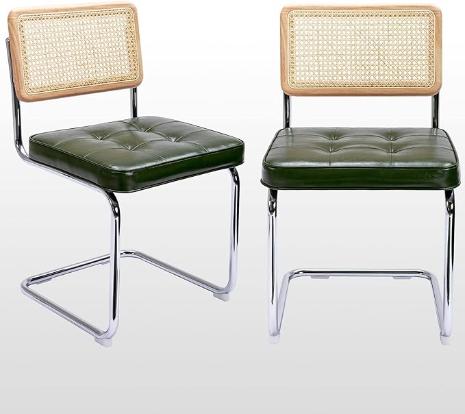 Zesthouse Mid-Century Modern Dining Chairs, Upholstered Tufted Faux Leather Accent Chairs Rattan Dining Chairs Set of 2, Armless Mesh Back Cane Chairs with Metal Chrome Legs, Green - LeafyLoom