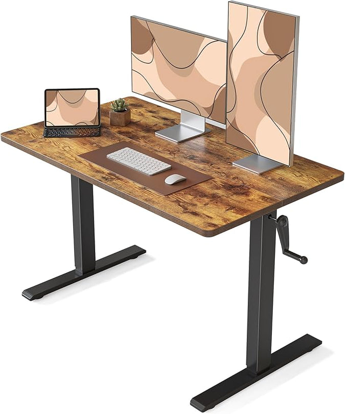 FEZIBO Crank Height Adjustable Desk, 48 Inches Manual Standing Desk, Writing Table with Handle, Home Office Desk with Black Frame/Rustic Brown Top - LeafyLoom