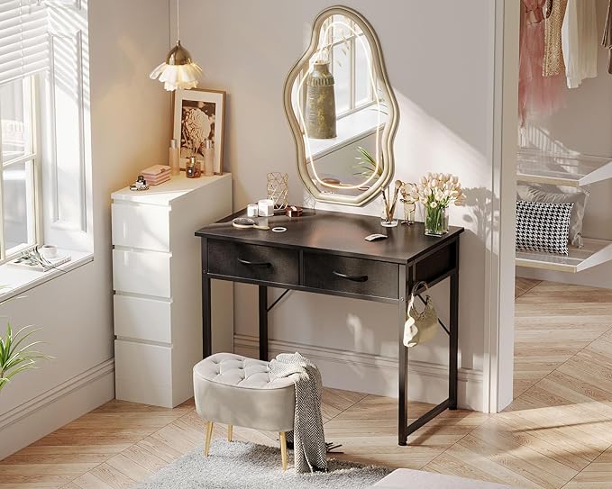 ODK Small Desk with Fabric Drawers- for Bedroom, White Study Desk with Storage, Home Office Computer Desk for Small Spaces, 32 Inch Modern Work Writing Kids Table, Black - LeafyLoom