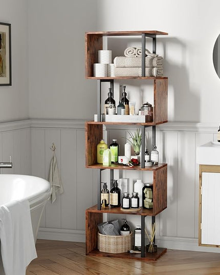 Furologee 6-Tier Bookshelf, Tall S-Shaped Geometric Bookcase, Industrial Freestanding Display Shelf Unit, Wood and Metal Decorative Room Divider for Living Room Bedroom, Home Office, Rustic Brown - LeafyLoom