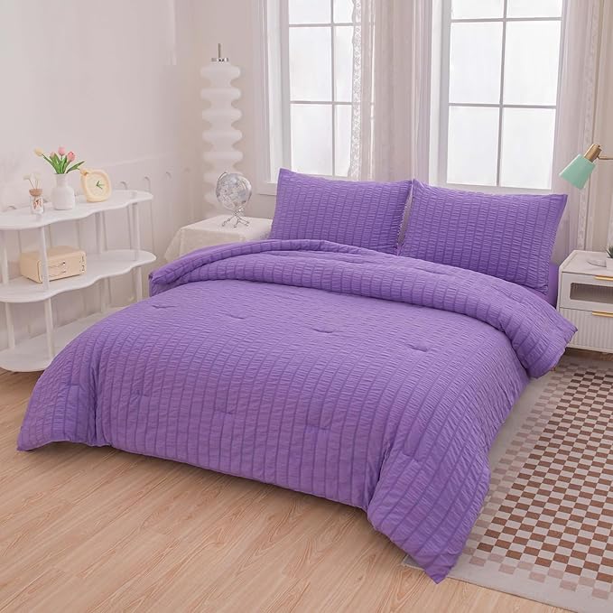 Twin Bed in a Bag Purple Seersucker Comforter Set 5-Pieces Microfiber Lightweight Comforter All Season Bedding Sets with Comforter,Flat Sheet,Fitted Sheet and Pillowcases - LeafyLoom