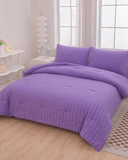 King Bed in a Bag Purple Seersucker Comforter Set 3-Pieces Microfiber Lightweight Comforter All Season Bedding Sets with 2 Pillowcases…… - LeafyLoom