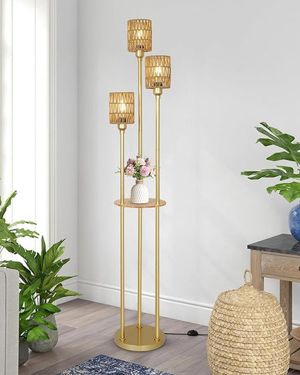 Boho Floor Lamp with Shelves, 3-Lights Farmhouse Tall Floor Lamp with ON/OFF Foot Switch, Gold Modern Floor Lamps with Rattan Shades, Rustic Standing Lamp for Living Room, Bedroom, Office - LeafyLoom