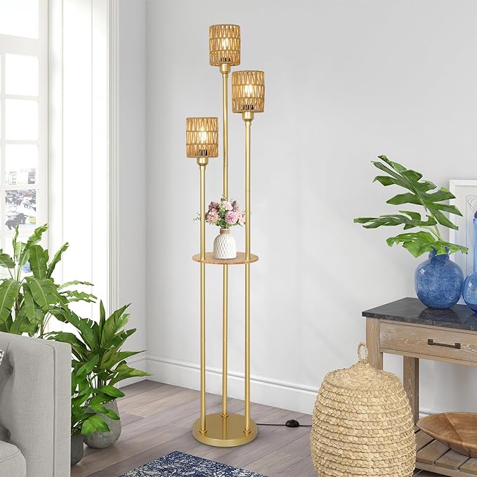 Boho Floor Lamp with Shelves, 3-Lights Farmhouse Tall Floor Lamp with ON/OFF Foot Switch, Gold Modern Floor Lamps with Rattan Shades, Rustic Standing Lamp for Living Room, Bedroom, Office - LeafyLoom