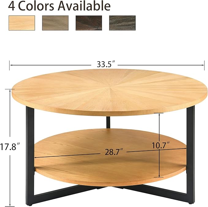 MODERION 33.5" Round Coffee Table with 2-Tier Storage, Farmhouse Living Room Cocktail Table with Black Metal Leg, Solid Wood Industrial Sofa Center Table,Easy Assembly, Natural Wood KFZ1338OA - LeafyLoom