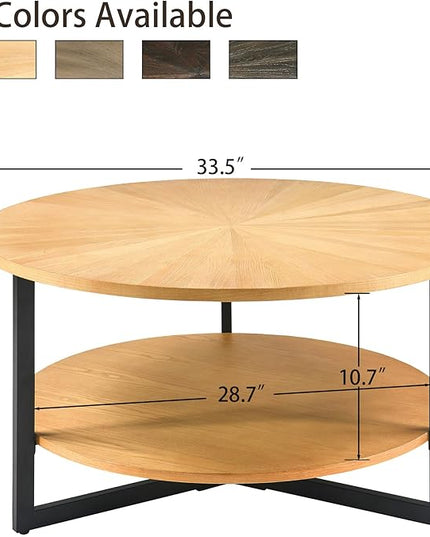 Round Coffee Tables for Living Room, 2 Tier Solid Wood Coffee Table with Storage, Modern Circle Coffee Table with Black Metal Legs, 33.5 x 17.8 inch, Natural Wood Color, KFZ-1338-OA - LeafyLoom