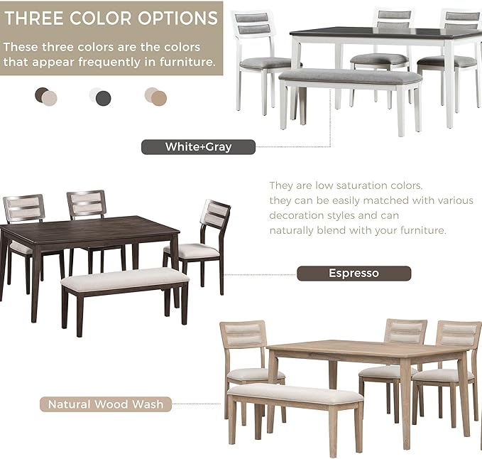 Classic and Traditional Style 6-Piece Dining Set, includes 1 Solid Wood Table, 4 Upholstered Chairs & Bench, for Diningroom, Living Room, Kitchen, Home Bar, Gray+White - LeafyLoom