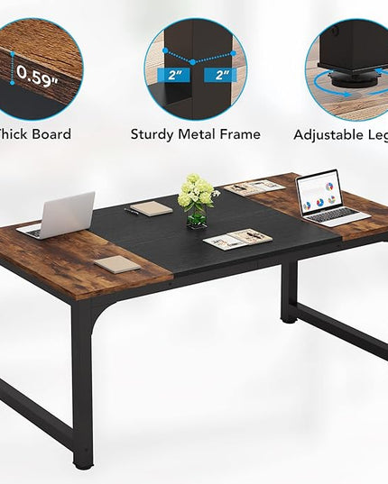 63 Inch Large Executive Computer office desk, Brown+Black - LeafyLoom