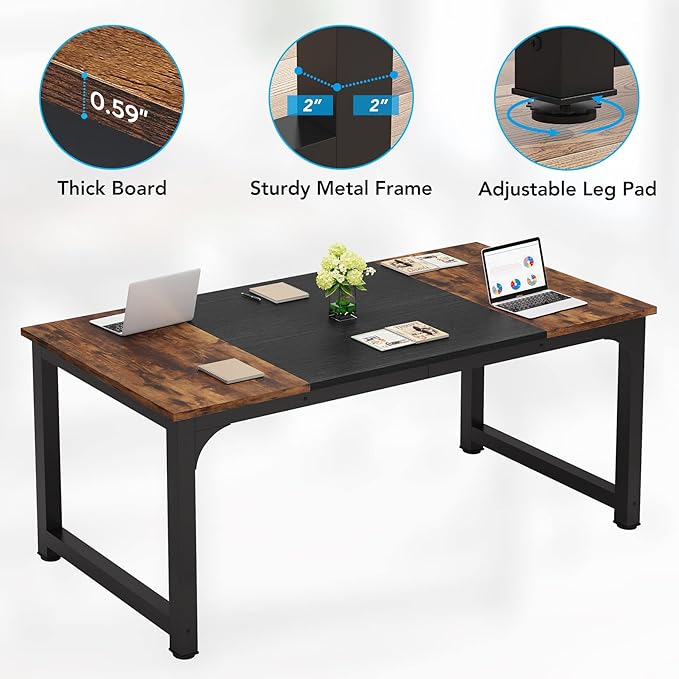 63 Inch Large Executive Computer office desk, Brown+Black - LeafyLoom