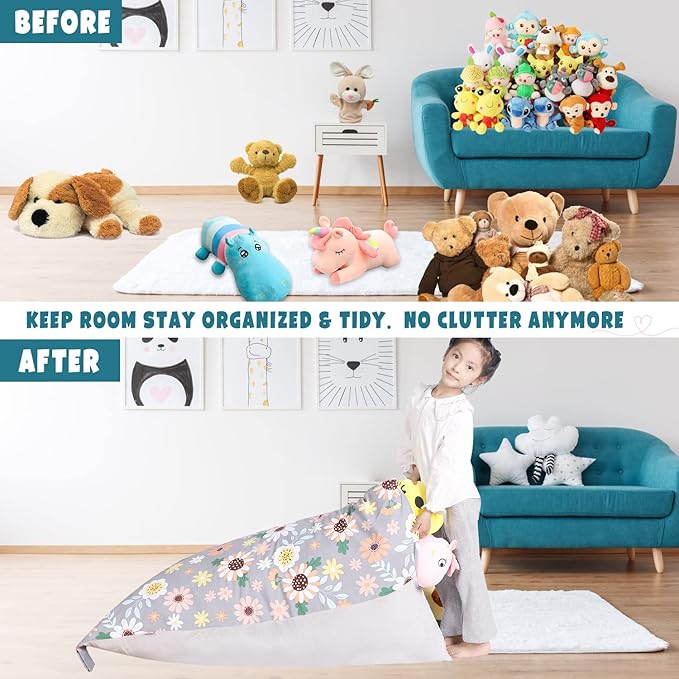 Stuffed Animal Storage Bean Bag Chair Cover, Velvet Canvas Gray Sunflower Plush Toy Storage Stuff and Sit Seat for Kids/Teens/Adults, 52" x 31" Extra Large Sofa, 200L/52Gal, Cover Only - LeafyLoom
