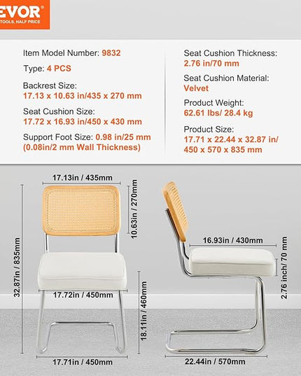 VEVOR Rattan Dining Chairs Set of 4, Mid Century Modern Dining Chair, Upholstered Velvet Accent Chair with Rattan Back, Retro Dining Room Kitchen Chair for Living Room, Bedroom, Office (18.1 Inch) - LeafyLoom