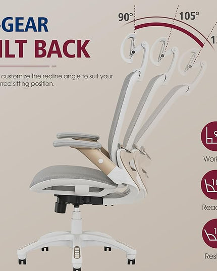 GABRYLLY Ergonomic Office Chair, High Back Home Desk Chair with Headrest, Flip-Up Arms, 90-120° Tilt Lock and Wide Cushion, Big and Tall Mesh Chairs for Man Woman, White Task Chair - LeafyLoom