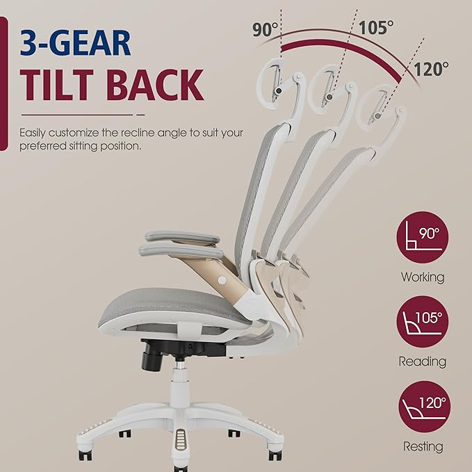 GABRYLLY Ergonomic Office Chair, High Back Home Desk Chair with Headrest, Flip-Up Arms, 90-120° Tilt Lock and Wide Cushion, Big and Tall Mesh Chairs for Man Woman, White Task Chair - LeafyLoom