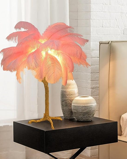 Ostrich Feather Desk Lamp Bedside Pink Cute Lamp Gold Resin Table Lamp, Coconut Tree Feather Lamp for Bedroom Living Room Hallway Wedding Girls Bedroom Night Light G4 Base - LeafyLoom