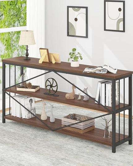 IBF Walnut Low Wide Bookcase, Vintage 63 Inch Long 3 Tier Open Book Shelf, Farmhouse Big Wood Metal sturdy Bookshelf Display Case, Simple Large Etagere Bookshelves for Home Living Room Office Bedroom - LeafyLoom