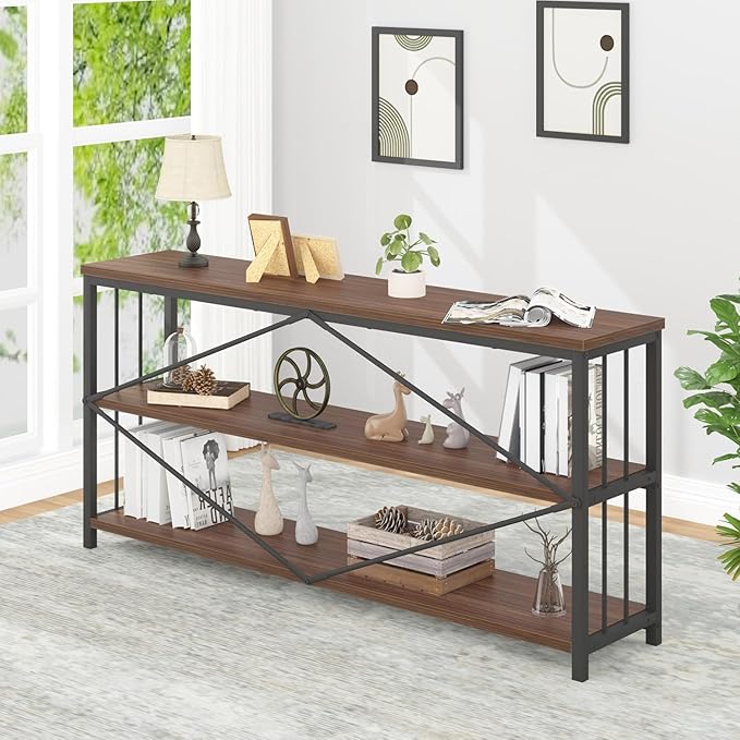 IBF Walnut Low Wide Bookcase, Vintage 63 Inch Long 3 Tier Open Book Shelf, Farmhouse Big Wood Metal sturdy Bookshelf Display Case, Simple Large Etagere Bookshelves for Home Living Room Office Bedroom - LeafyLoom