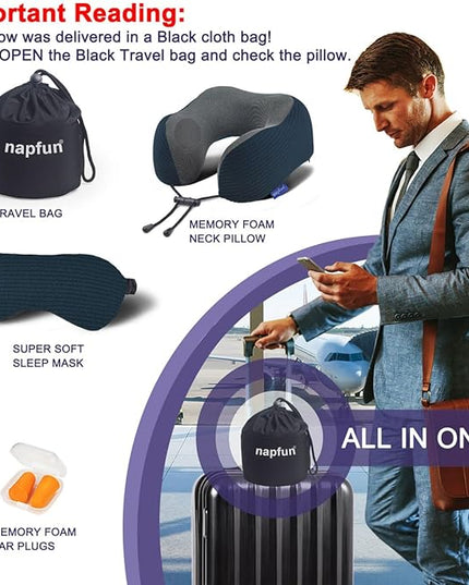 napfun Neck Pillow for Traveling, Upgraded Travel Neck Pillow for Airplane 100% Pure Memory Foam Travel Pillow for Flight Headrest Sleep, Portable Plane Accessories, Striped Black - LeafyLoom