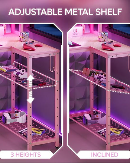 Bestier 71.5 inch Gaming Desk with Power Outlet, Large LED Computer Desk with Monitor Stand, L Shaped Desk with Storage Shelf, Cup Holder & Headset Hooks, Corner Gamer Desk for Bedroom Pink - LeafyLoom