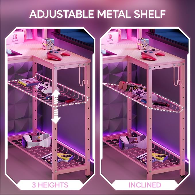 Bestier 71.5 inch Gaming Desk with Power Outlet, Large LED Computer Desk with Monitor Stand, L Shaped Desk with Storage Shelf, Cup Holder & Headset Hooks, Corner Gamer Desk for Bedroom Pink - LeafyLoom