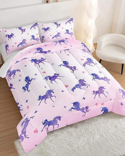 HOSIMA Kawaii Unicorn Comforter,Purple Unicorn with Stars and Love Heart Princess Toddler Bedding Set-Soft Microfiber Queen Comforter Set,Fairycore Room Decor Pink Comforter with 2 Pillowcases. - LeafyLoom