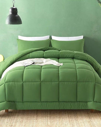 WhatsBedding King Comforter Set,Olive Green Lightweight 3 Pieces Bedding Set for All Season Soft Down Alternative Bed Set with 2 Pillowcases, King Size, 102"x90" - LeafyLoom