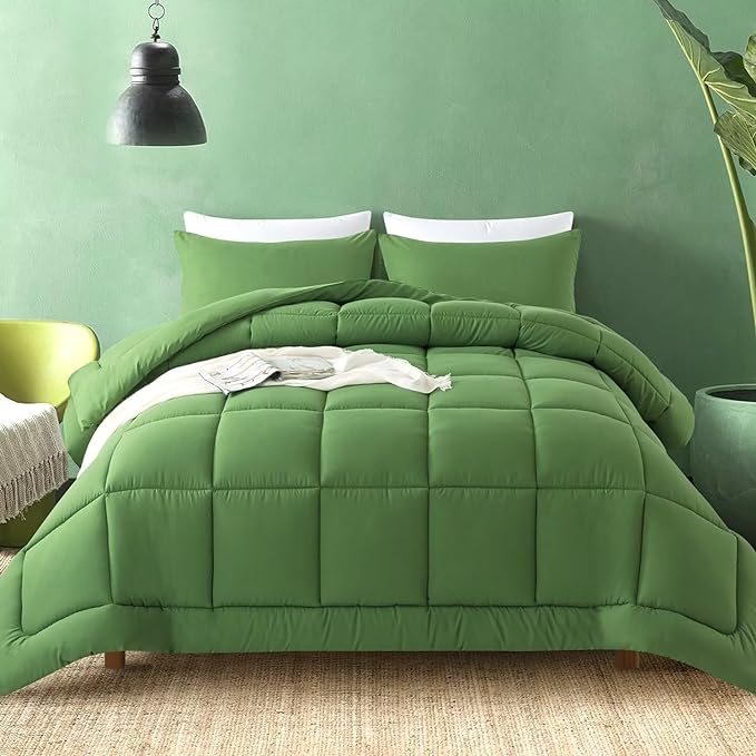 WhatsBedding King Comforter Set,Olive Green Lightweight 3 Pieces Bedding Set for All Season Soft Down Alternative Bed Set with 2 Pillowcases, King Size, 102"x90" - LeafyLoom
