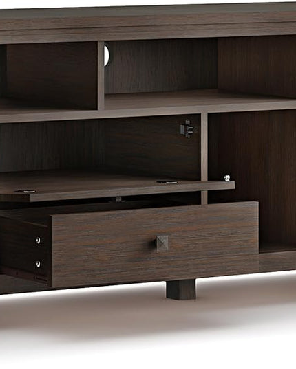 SIMPLIHOME Cosmopolitan SOLID WOOD Universal TV Media Stand, 72 inch Wide, Contemporary, Living Room Entertainment Center with Storage, for Flat Screen TVs up to 80 inches in Farmhouse Brown - LeafyLoom