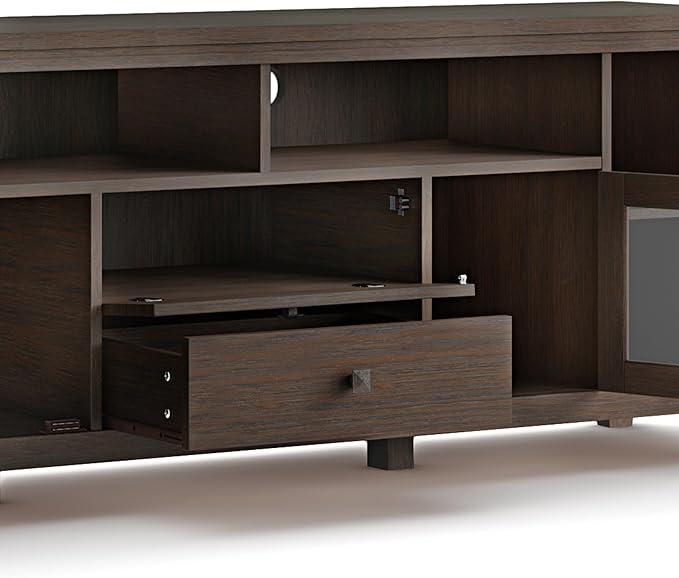 SIMPLIHOME Cosmopolitan SOLID WOOD Universal TV Media Stand, 72 inch Wide, Contemporary, Living Room Entertainment Center with Storage, for Flat Screen TVs up to 80 inches in Farmhouse Brown - LeafyLoom