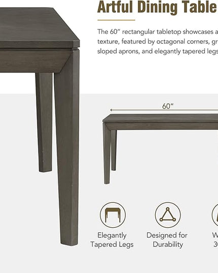 Dining Table Set for 6, Dining Table Set with Upholstered Dining Chairs and Bench, Farmhouse Wooden Rectangular Dining Table with Tapered Legs for Dining Room, Living Room, Dark Grey+Beige - LeafyLoom