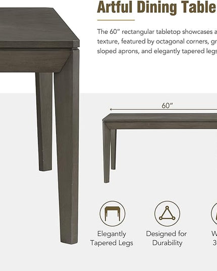6-Piece Wood Rectangular Dining Table Set with 4 Full Back Padded Chairs & Bench, Tapered Legs, for Kitchen Living Room, Farmhouse Style, Dark Gray, 60" L x 36" W x 30.3" H - LeafyLoom