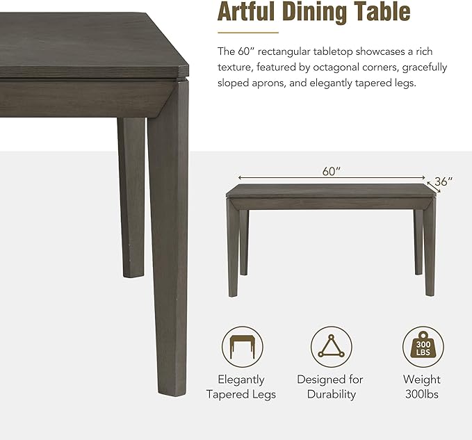 6-Piece Wood Rectangular Dining Table Set with 4 Full Back Padded Chairs & Bench, Tapered Legs, for Kitchen Living Room, Farmhouse Style, Dark Gray, 60" L x 36" W x 30.3" H - LeafyLoom