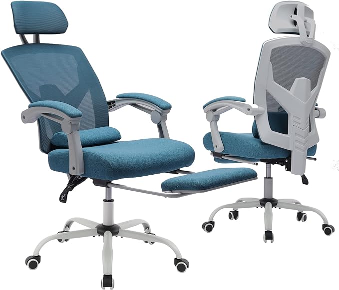 edx Ergonomic Office Chair, Reclining High Back Mesh Chair, Computer Desk Chair, Swivel Rolling Home Task Chair with Lumbar Support Pillow, Adjustable Headrest, Retractable Footrest and Armrests - LeafyLoom