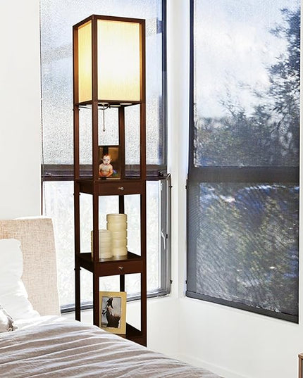 Brightech Maxwell Drawer Edition - Modern Shelf Floor Lamp with Drawer - Corner Display Floor Lamps with Shelves for Living Room, Bedroom and Office - Havana Brown - LeafyLoom