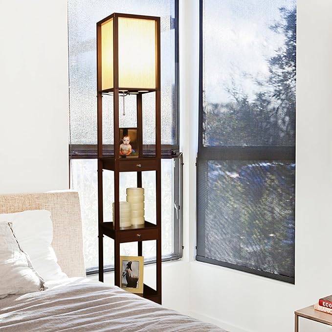 Brightech Maxwell Drawer Edition - Modern Shelf Floor Lamp with Drawer - Corner Display Floor Lamps with Shelves for Living Room, Bedroom and Office - Havana Brown - LeafyLoom