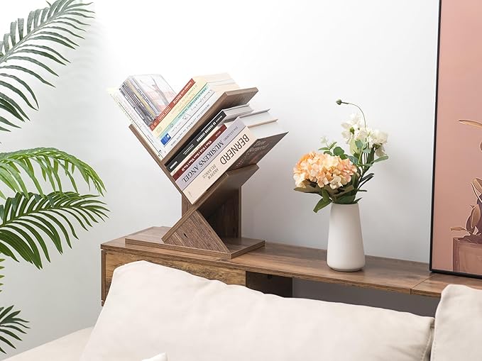 Labcosi 2 Tier Tree Bookshelf, Small Bookshelf for Storing Books/CDs, Wood Book Organizer Shelves for Home Office, Bedroom, Living Room, Rustic Brown - LeafyLoom