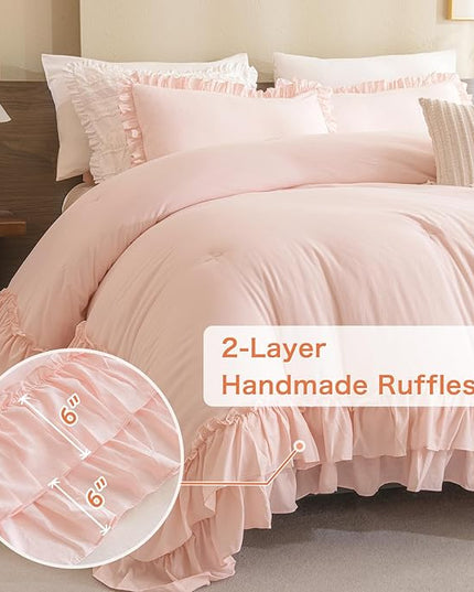 Shabby Ruffled King Comforter Set,Farmhouse Blush Pink Bedding Comforter Lightweight Ultra Soft Vintage French Country Microfiber Comforter 3pc (1 Ruffle Comforter and 2 Pillowcases) - LeafyLoom