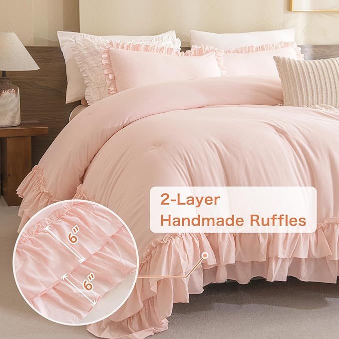 Shabby Ruffled King Comforter Set,Farmhouse Blush Pink Bedding Comforter Lightweight Ultra Soft Vintage French Country Microfiber Comforter 3pc (1 Ruffle Comforter and 2 Pillowcases) - LeafyLoom