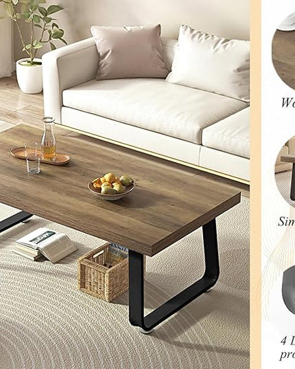 HSH Wood Coffee Table, Farmhouse Minimalist Center Table, Industrial Wooden and Metal Legs Living Room Table, Modern Simple Rectangular Cocktail Tea Table for Bedroom Home Office, Rustic Oak, 47 Inch - LeafyLoom