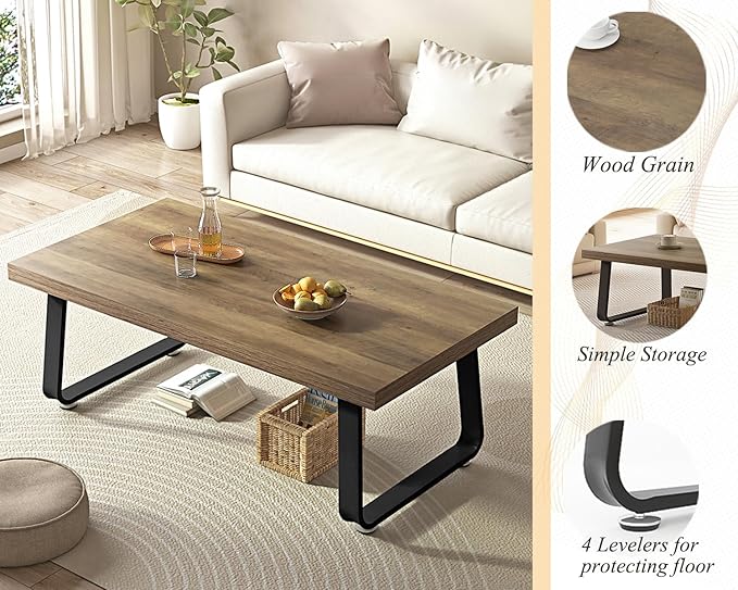 HSH Wood Coffee Table, Farmhouse Minimalist Center Table, Industrial Wooden and Metal Legs Living Room Table, Modern Simple Rectangular Cocktail Tea Table for Bedroom Home Office, Rustic Oak, 47 Inch - LeafyLoom