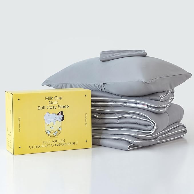 COTTEBED Ultra-Soft Comforter Set Queen/Full Size Bed, Jersey Knit T-Shirt Feeling Fluffy Cozy Comy Durable Lightweight Quilt Bedding Down Blanket & 2 Pillowcase for All Season Use, Dark Grey - LeafyLoom